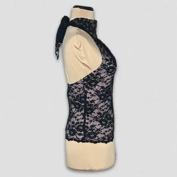 Vintage Y2K Speechless Halter Top High Neck Stretchy Sheer Lace Black Pink Sz S - Picture 4 of 13